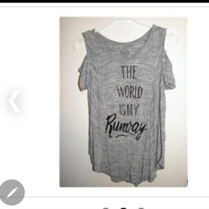 SO Girls Cold Shoulder Gray Shirt w Sparkle THE WORLD IS MY RUNWAY sz 16 (NWOT)